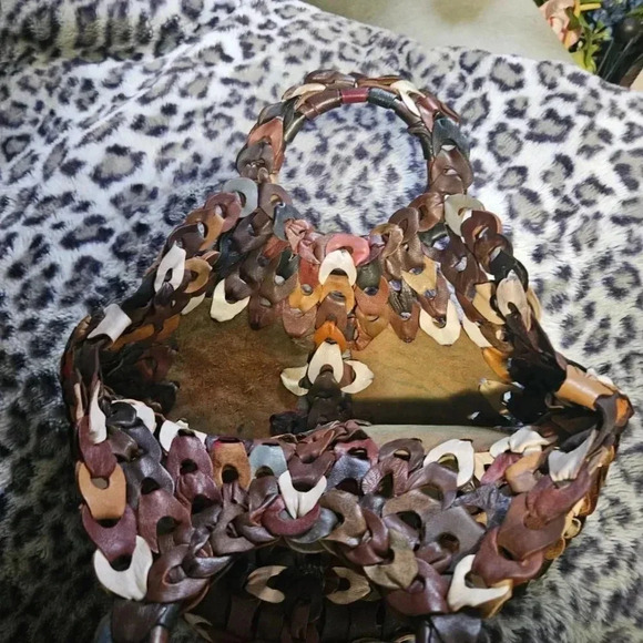 Vintage 70's | Slouchy Hippie Boho Leather Earthy Tones Chain Patchwork  Handbag - Picture 13 of 14